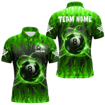 Maxcorners Customized Green 8 Ball Pool Fire Flame Billiard Shirts For Men Billiard Team Jersey Polo 1/4 Zip LM2709