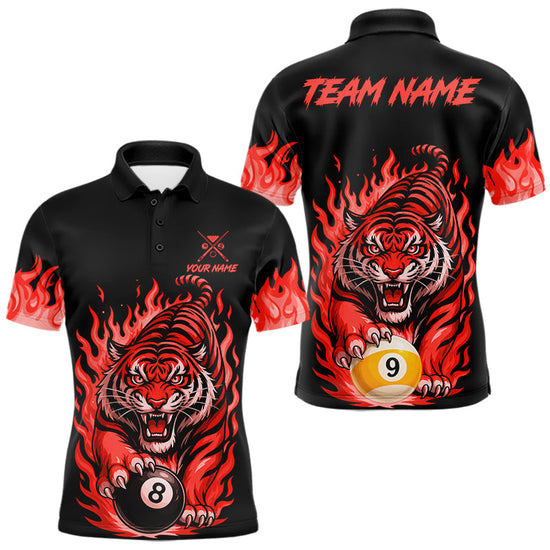 Maxcorners Black and Red Flaming Tiger Billiard Shirts for Men Custom 8 Ball & 9 Ball Pool Team Jersey