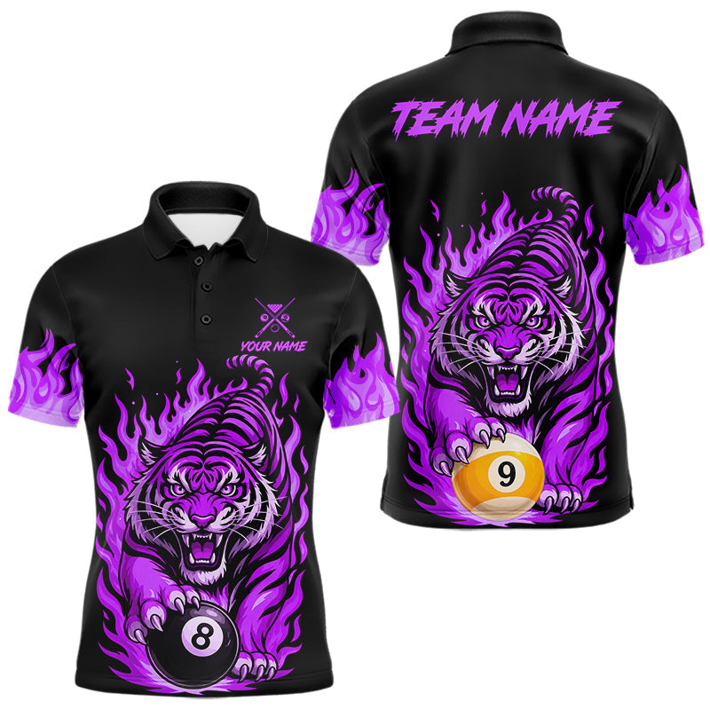 Maxcorners Black and Purple Flaming Tiger Billiard Shirts for Men Custom 8 Ball & 9 Ball Pool Team Jersey