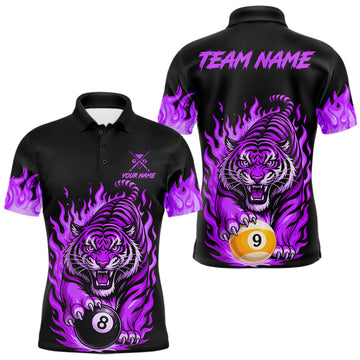 Maxcorners Black and Purple Flaming Tiger Billiard Shirts for Men Custom 8 Ball & 9 Ball Pool Team Jersey
