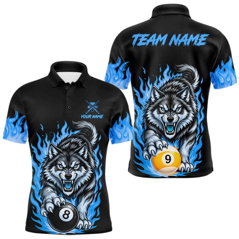 Maxcorners Black and Blue Flaming Wolf Billiard Shirts for Men Custom 8 Ball & 9 Ball Pool Team Jersey