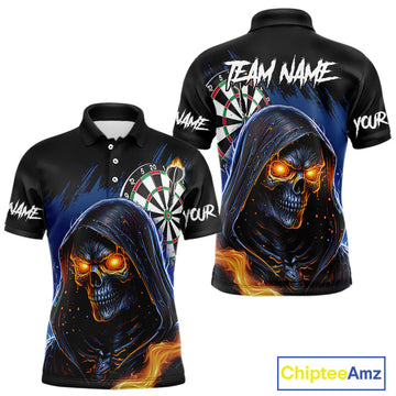 Maxcorners Personalized Blue Grim Reaper Fire Dart Shirts For Men Custom Skull Dart Jersey Polo & 1/4 Zip LM2512