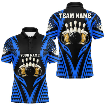 Maxcorners Black And Blue Tribal Beer Bowling Shirts For Men Custom Bowling Polo, Quarter Zip Team Jersey LM2709