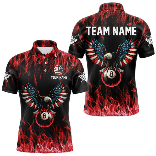 Maxcorners Red Flaming American Flag Eagle 8 Ball Billiard Shirt For Men Custom Patriotic Pool Team Jersey