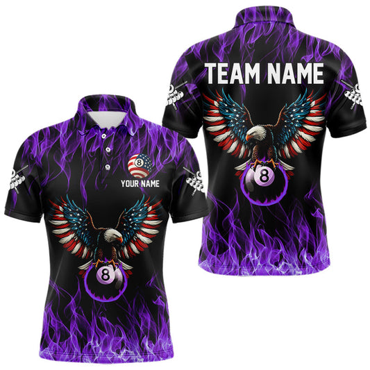 Maxcorners Purple Flaming American Flag Eagle 8 Ball Billiard Shirt For Men Custom Patriotic Pool Team Jersey