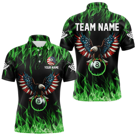 Maxcorners Green Flaming American Flag Eagle 8 Ball Billiard Shirt For Men Custom Patriotic Pool Team Jersey