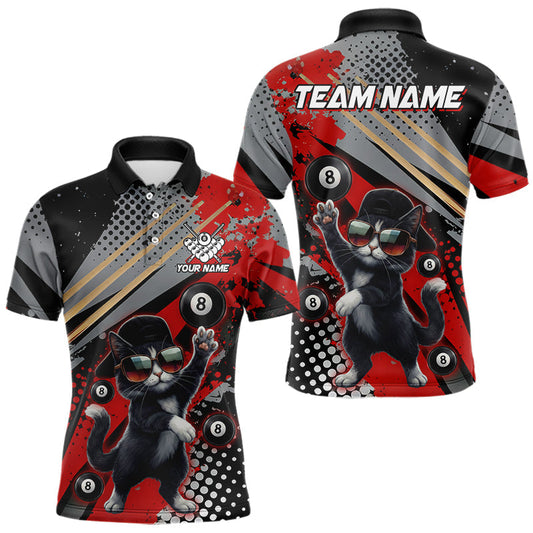 Maxcorners Custom Red Funny Cat Billiard Shirt For Men, Personalized 8 Ball Pool Team Jersey Polo & 1/4 Zip LM2704