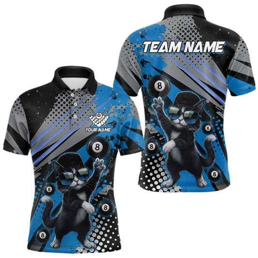 Maxcorners Custom Blue Funny Cat Billiard Shirt For Men, Personalized 8 Ball Pool Team Jersey Polo & 1/4 Zip LM2704