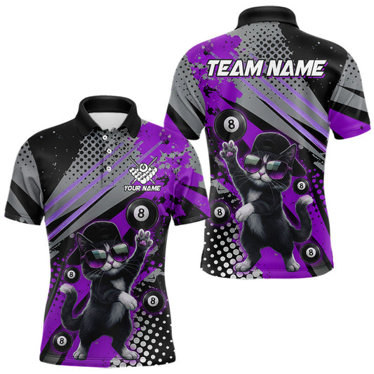 Maxcorners Custom Purple Funny Cat Billiard Shirt For Men, Personalized 8 Ball Pool Team Jersey Polo & 1/4 Zip LM2704