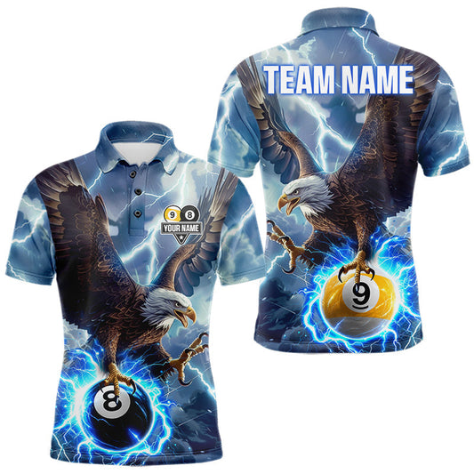 Maxcorners Blue 8 Ball & 9 Ball Lightning Eagle Billiard Shirt For Men Custom Pool Team Jersey Polo & 1/4 Zip