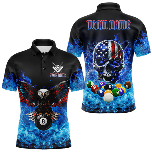 Maxcorners Blue Flame Smoke American Flag Eagle Skull Billiard Shirt For Men Custom 8 Ball Pool Team Jersey