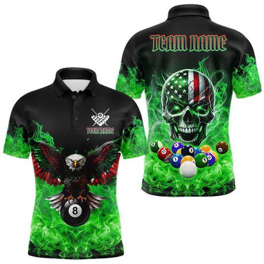 Maxcorners Green Flame American Flag Eagle Skull Billiard Shirt For Men Custom 8 Ball Pool Team Jersey