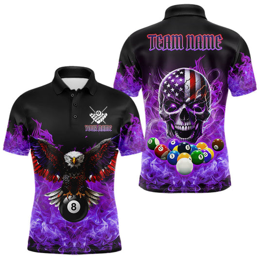Maxcorners Purple Flame American Flag Eagle Skull Billiard Shirt For Men Custom 8 Ball Pool Team Jersey