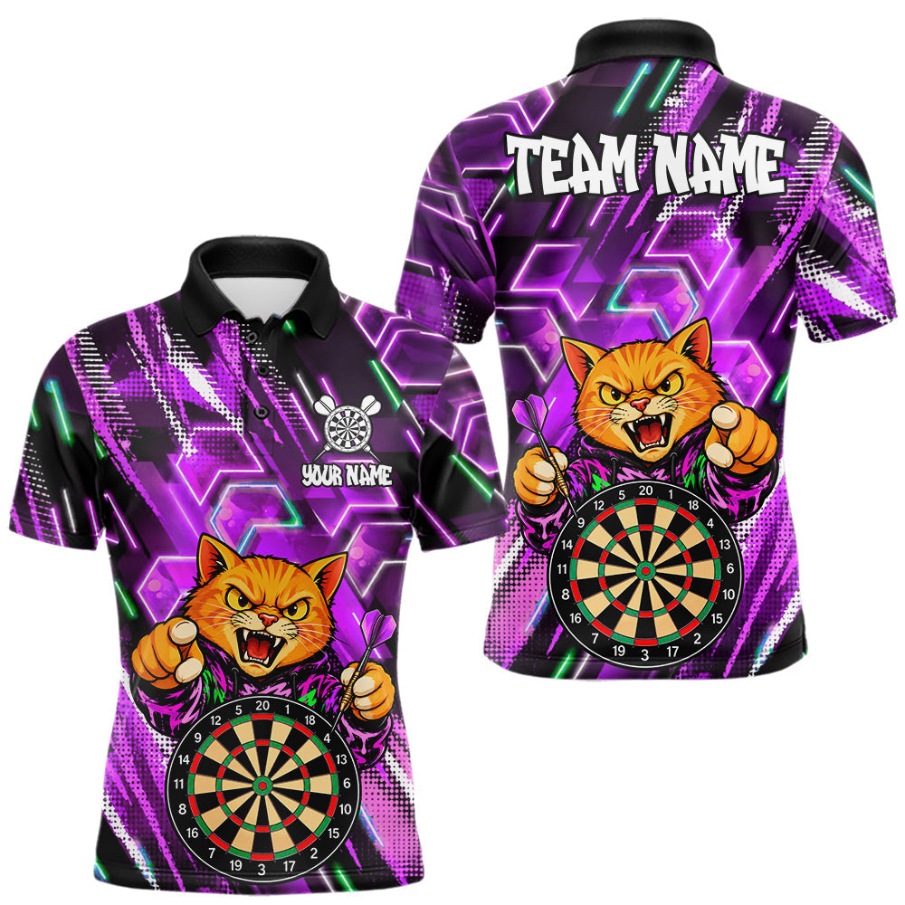 Maxcorners Purple Funny Cat Neon Darts Shirts For Men Custom Darts Team Jersey Polo & 1/4 Zip, Darts Gifts