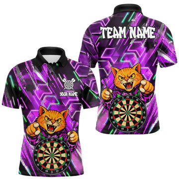 Maxcorners Purple Funny Cat Neon Darts Shirts For Men Custom Darts Team Jersey Polo & 1/4 Zip, Darts Gifts