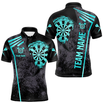 Maxcorners Personalized Teal Grunge Dartboard Darts Polo, Quarter Zip Shirt For Men Custom Darts Team Jersey
