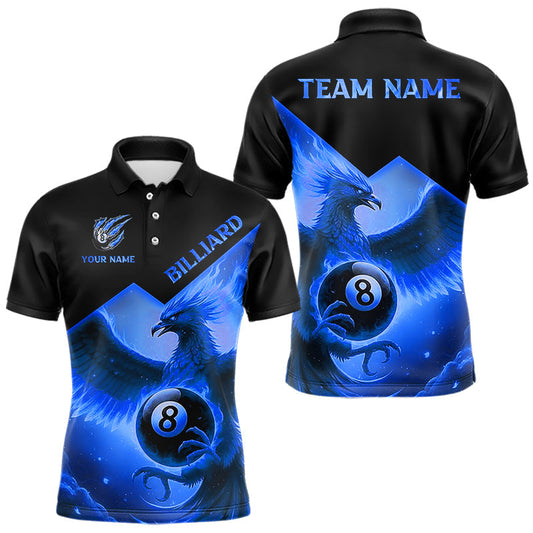 Maxcorners Blue 8 Ball Flame Phoenix Billiard Shirt For Men Custom Pool Team Jersey Polo & Quarter Zip LM2512