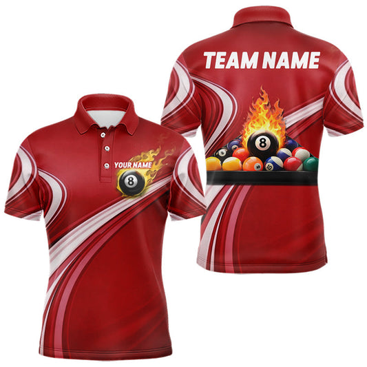 Maxcorners Personalized Red Billiard Jersey For Men Custom Flame 8 Ball Pool Billiard Shirt Polo & 1/4 Zip LM2704