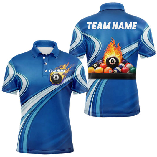 Maxcorners Personalized Blue Billiard Jersey For Men Custom Flame 8 Ball Pool Billiard Shirt Polo & 1/4 Zip LM2704