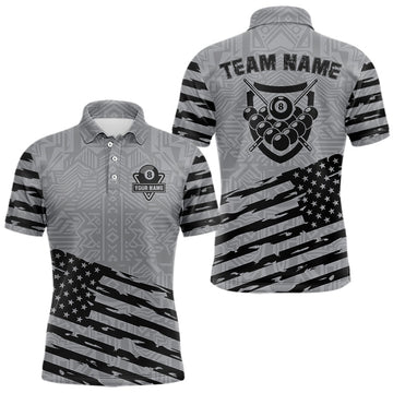 Maxcorners Personalized Grey US Flag 8 Ball Billiard Shirt For Men Custom Patriotic Billiard Pool Jerseys LM1904