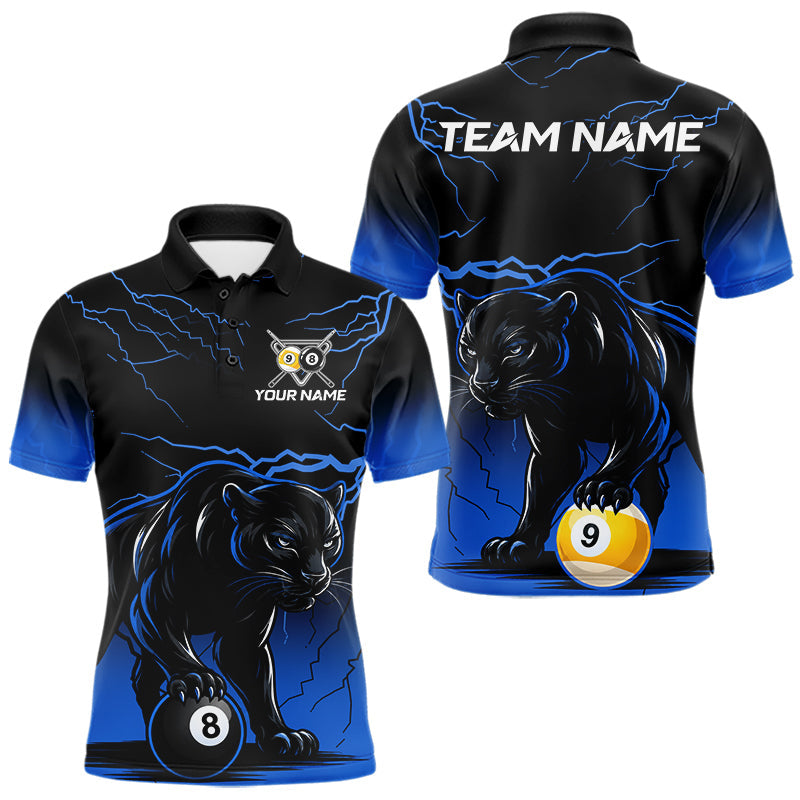 Maxcorners Black And Blue 8 Ball & 9 Ball Lightning Custom Panther Billiard Shirts For Men, Pool Team Jersey