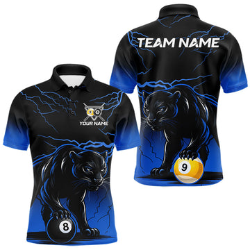 Maxcorners Black And Blue 8 Ball & 9 Ball Lightning Custom Panther Billiard Shirts For Men, Pool Team Jersey