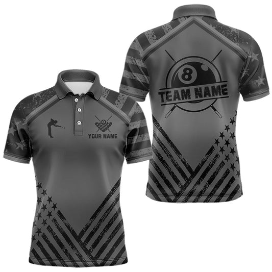 Maxcorners Personalized Grey US Flag 8 Ball Billiard Shirt For Men Custom Billiard Team Shirt, Pool Jerseys LM2512