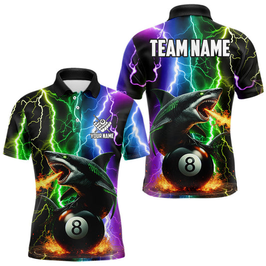 Maxcorners Colorful Lightning Shark 8 Ball Billiard Shirt For Men Custom Pool Team Shirt, Billiard Jersey