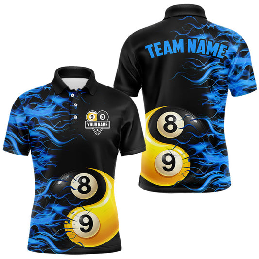 Maxcorners Blue Flaming 8 & 9 Ball Yin-Yang Billiard Shirt For Men Custom Pool Team Jersey Polo & 1/4 Zip LM2602