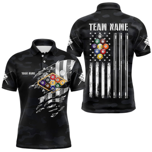Maxcorners Personalized Camouflage US Flag Billiard Shirt For Men, 9 Ball Pool Team Jersey Polo & 1/4 Zip LM2602