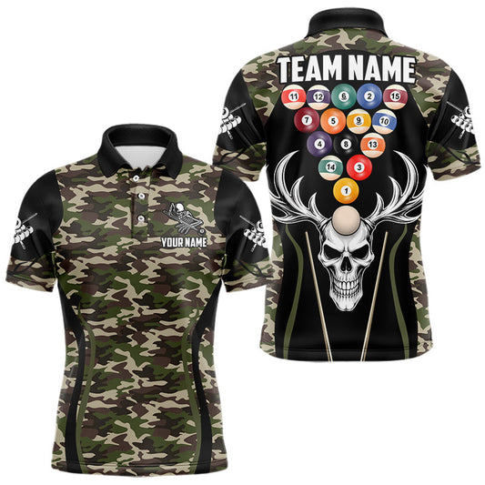Maxcorners Personalized Green Camo Skull Billiard Shirt For Men, 8 Ball Billiard Team Jersey Polo & 1/4 Zip LM2602