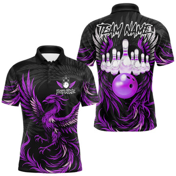 Maxcorners Custom Phoenix Wings Bowling Shirts For Men, Black And Purple Bowling Team Jersey Polo & 1/4 Zip LM2806