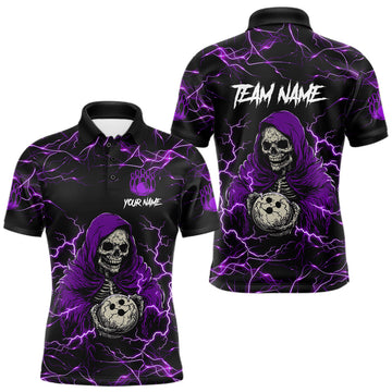 Maxcorners Purple Grim Reaper Lightning Bowling Shirt For Men Custom Bowling League Team Jersey Polo, 1/4 Zip LM2806