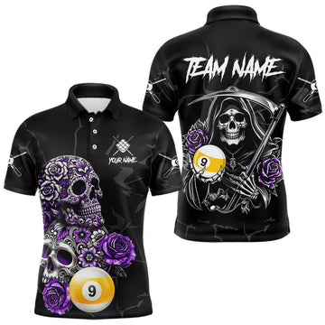 Maxcorners Personalized Purple Funny Skull Roses 9 Ball Billiard Shirt For Men Custom Pool Team Shirt Design LM2707