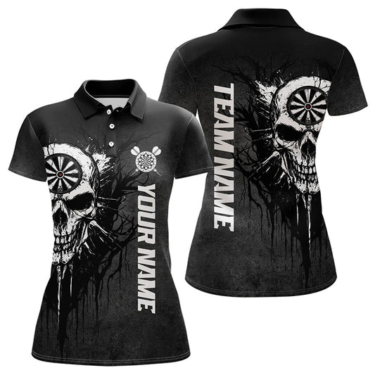 Maxcorners Personalized Black White Dark Skull Darts Polo & Quarter Zip Custom Dart Shirts For Women Dart Jersey