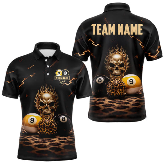Maxcorners Black And Golden 8 Ball & 9 Ball Skull Billiard Shirt For Men Custom Leopard Pool Team Jersey