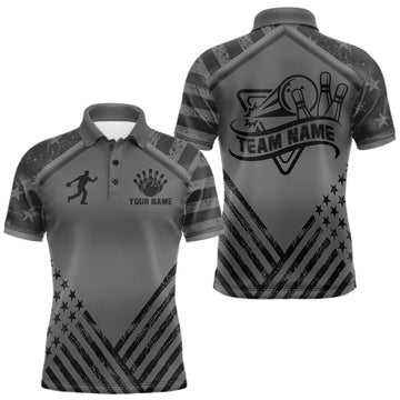 Maxcorners Personalized Grey US Flag Bowling Jersey For Men Custom Bowling Team Shirts Polo & Quarter Zip LM0106