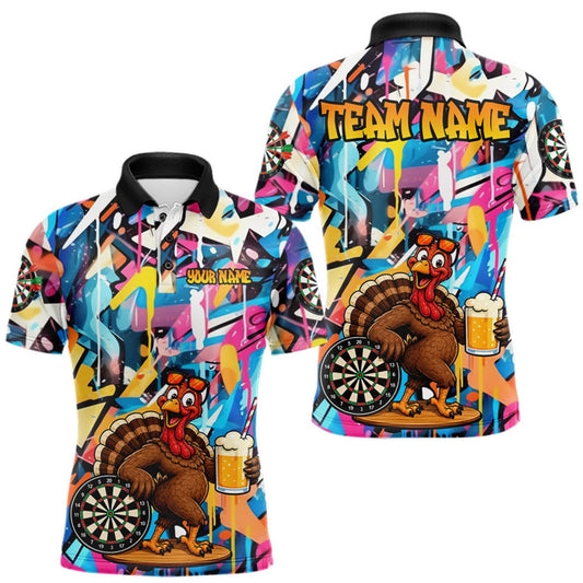 Maxcorners Funny Turkey Colorful Graffiti Custom Dart Shirts For Men, Dart Team Jersey Darts Outfit LM0409