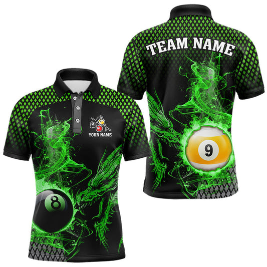 Maxcorners Green 8 Ball & 9 Ball Flame Smoke Custom Dragon Billiard Shirts For Men, Billiard Team Jersey