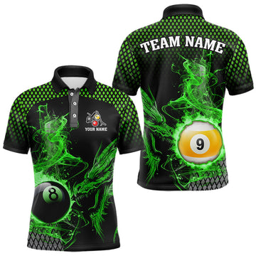Maxcorners Green 8 Ball & 9 Ball Flame Smoke Custom Dragon Billiard Shirts For Men, Billiard Team Jersey