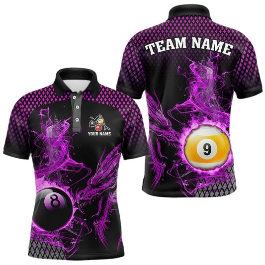 Maxcorners Purple 8 Ball & 9 Ball Flame Smoke Custom Dragon Billiard Shirts For Men, Billiard Team Jersey