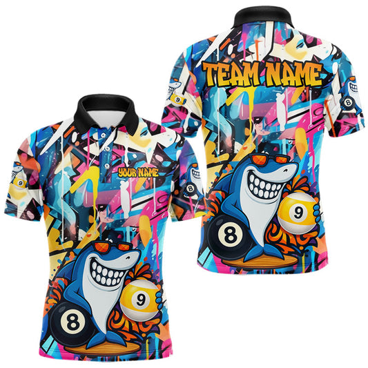 Maxcorners Funny Shark Colorful Graffiti Style Custom 8 & 9 Ball Billiard Shirt For Men, Billiard Team Jersey LM2901