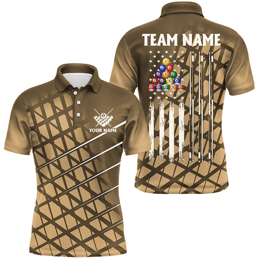 MaxCorners Billiard Gold Grunge American Flag Customized Name, Team Name 3D Polo Shirt