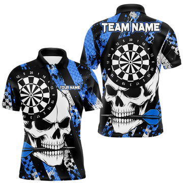 Maxcorners Blue Camo Stripes Skull Darts Shirt For Men, Custom Darts Team Jersey Polo & Quarter Zip
