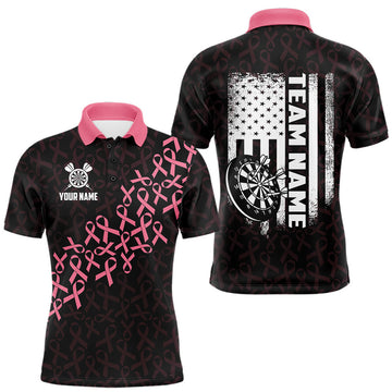 Maxcorners Pink Ribbons American Flag Darts Shirt For Men Custom Breast Cancer Awareness Darts Team Jersey LM0208