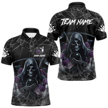 Maxcorners Grim Reaper And Roses Custom Bowling Shirt For Men, Bowling Team Jersey Polo & 1/4 Zip | Purple LM0410