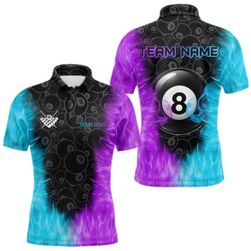 Maxcorners Blue And Purple Flame 8 Ball Billiard Pool Shirt For Men Custom Billiard Team Jersey Polo, 1/4 Zip LM0410