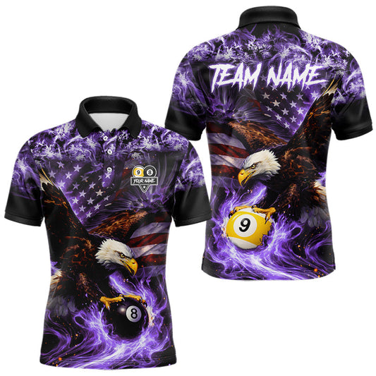 Maxcorners Purple Flaming Eagle 8 & 9 Ball Billiard Shirt For Men Custom US Flag Pool Jersey Polo, 1/4 Zip
