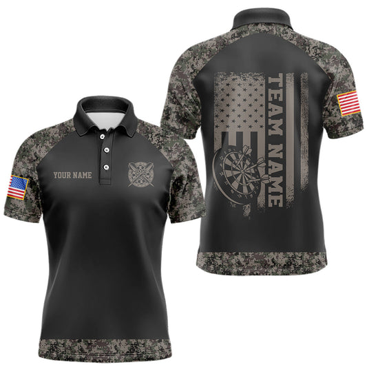 Maxcorners Personalized Retro Camo US Flag Darts Shirt For Men, Patriotic Darts Team Jersey Polo & 1/4 Zip