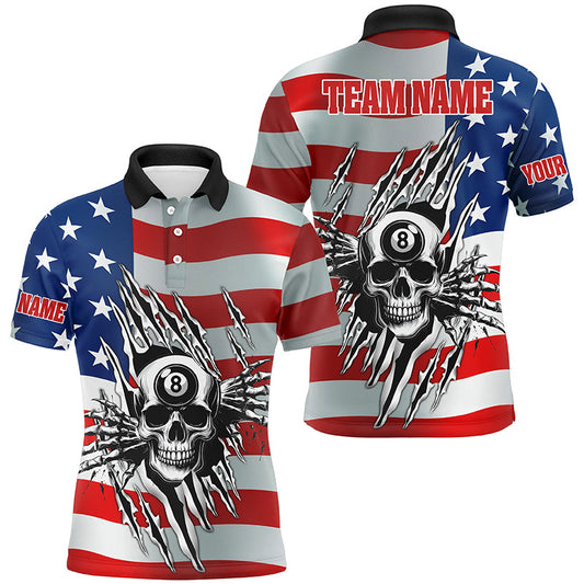 MaxCorners Billiard Skull American Flag Customized Name, Team Name 3D Polo Shirt